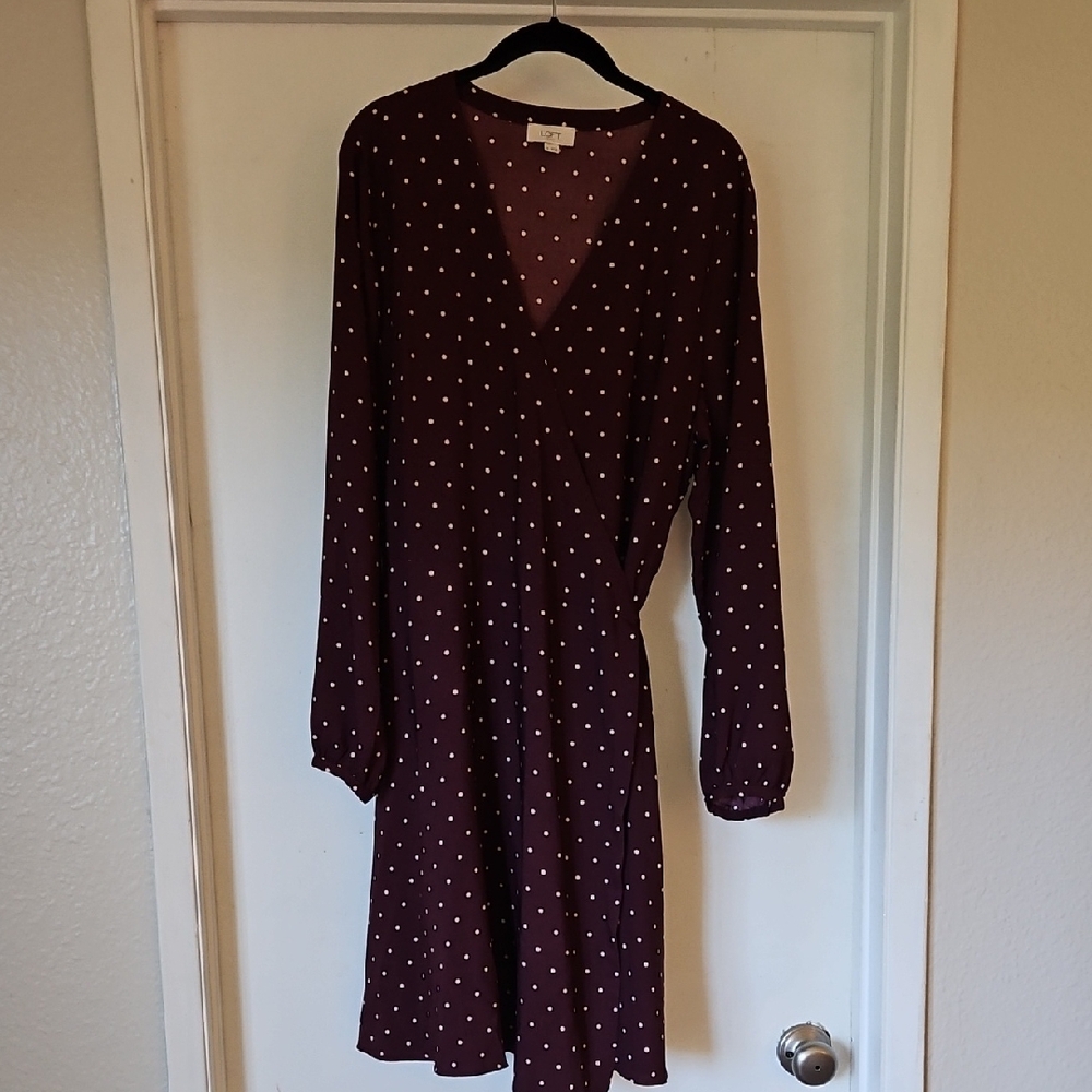 LOFT Burgundy Long Sleeve Wrap Polka Dot Dress
